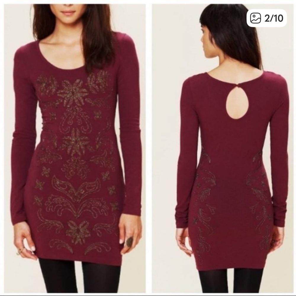 Free People Lady in Waiting Burgundy Long Sleeve Dress